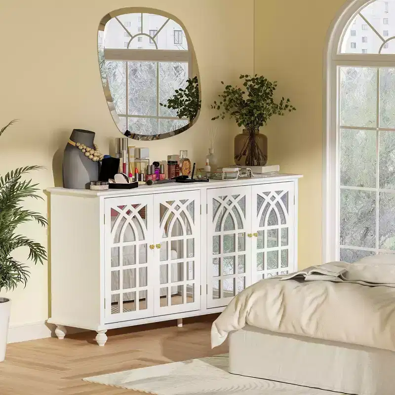 White 63'' Wide Sideboard with Modern Design Accent Buffet Cabinet Mirror Doors Organizers