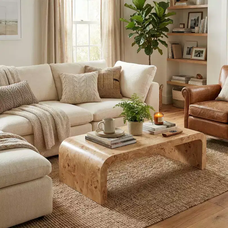 Modern Waterfall Coffee Table with Burl Veneer Finish and Curved Edges