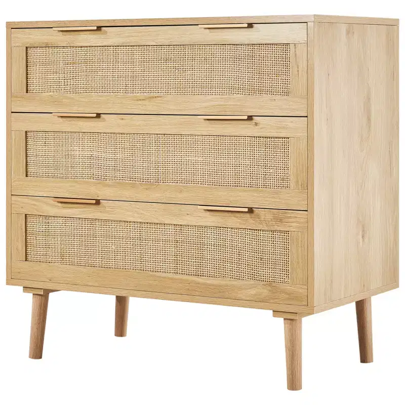 VEVOR 3 Drawer Rattan Dresser, Natural Rattan Closet Dresser with 3 Drawers, Modern Wood Chest Clothing Organizer & Storage Boho Dresser, Wood Color