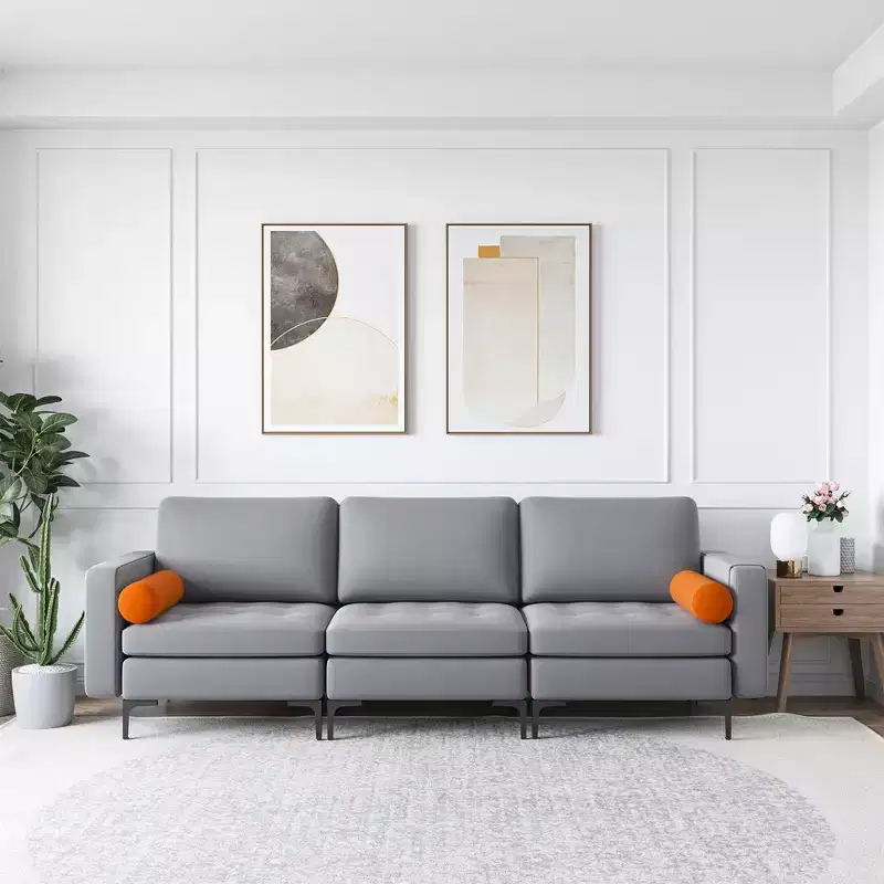 Modern Modular 3-Seat Sofa Couch – Ash Grey, Side Pocket, Metal Legs, 660 lb/Seat