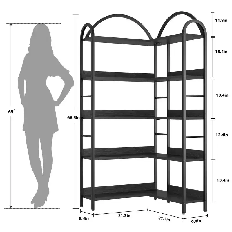 Corner Bookshelf Industrial Bookcase,L Shaped Bookshelf Arched 5 Tier Corner Shelf, Large Bookshelf With Metal Frame,Etagere Shelf Corner Display Rack