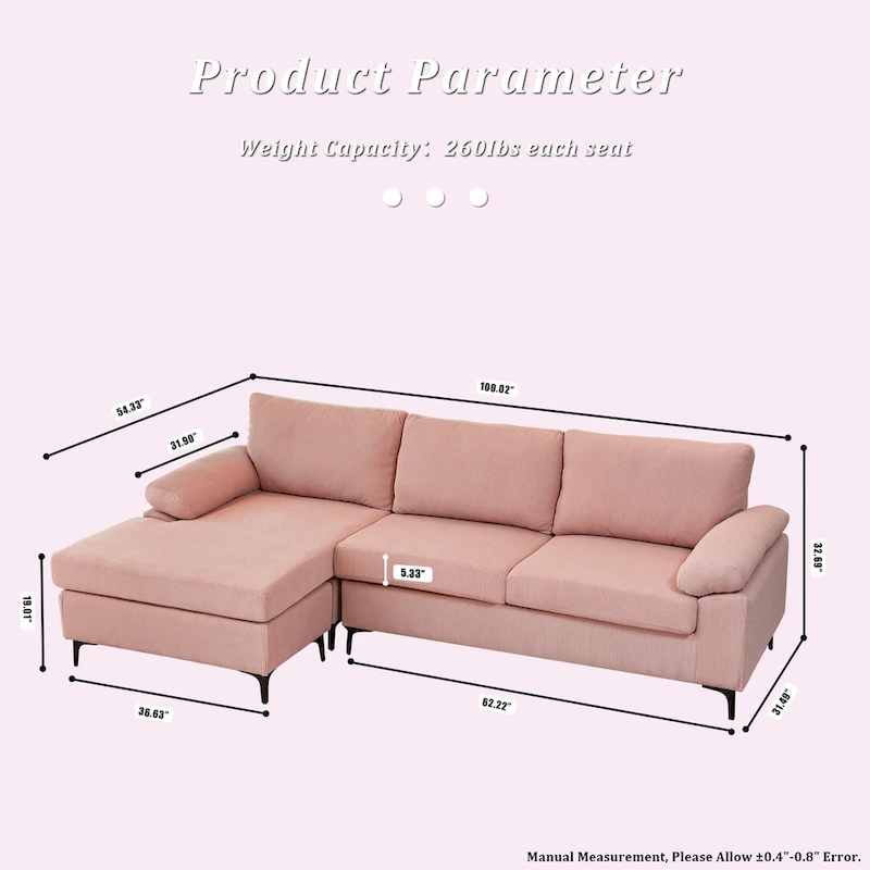 OVIOS Reversible Chaise Sofa With Fluffy Cushions Metal Legs
