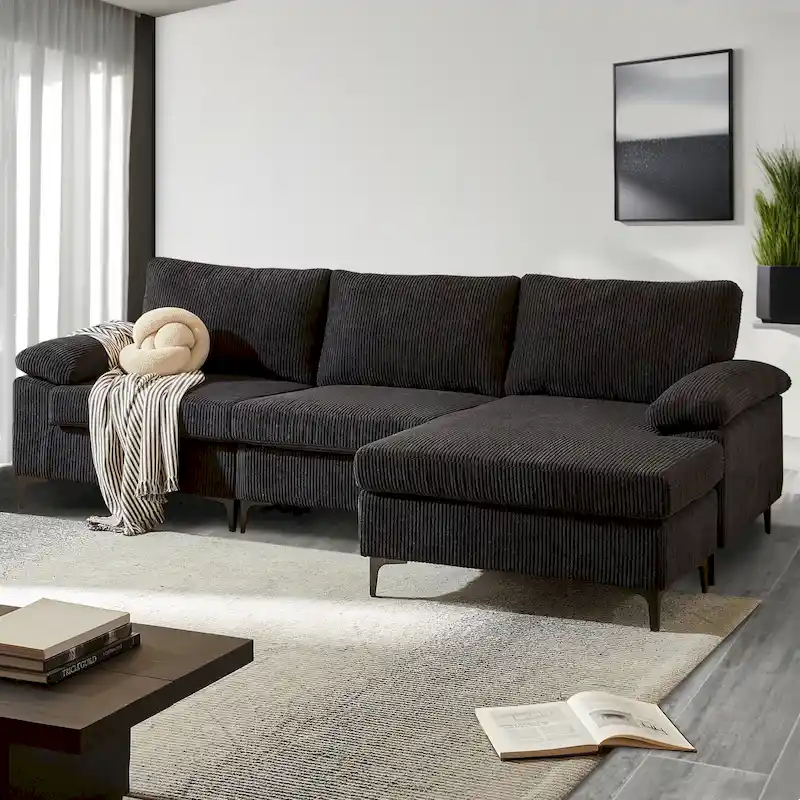Living Room Wide Armrest Corduroy Fabric Chaise Reversible Sofa with Ottoman