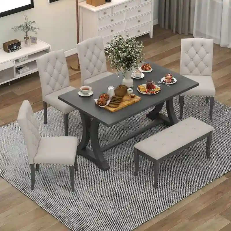 6-Piece Farmhouse Dining Table Set, Rectangular Trestle Table and 4 Upholstered Chairs & Bench