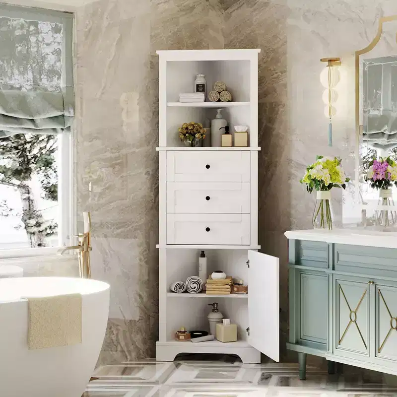 White Corner Tall Storage Cabinet with 3 Drawers, 2 Doors & Adjustable Shelf