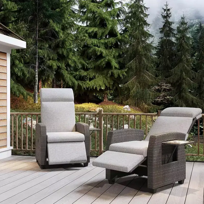 Patio Recliner Chair, Adjustable Back Footrest PE Wicker Weather Resistant with Flip Up Table Air Pump
