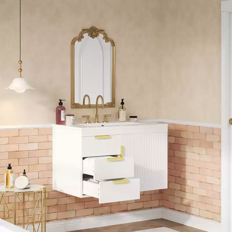 Bathroom Vanity 30-Inch Wall-Mounted with Ceramic Sink, Drawers, and Soft-Close Doors; Modern Bathroom Vanity