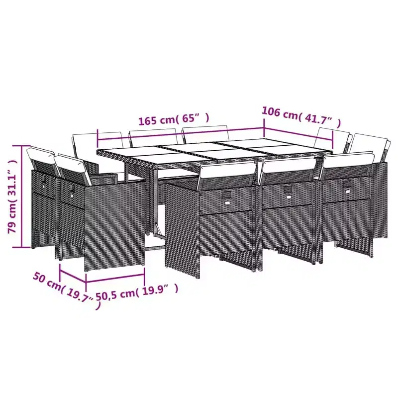 vidaXL Patio Dining Set Set of 10 Gray PE Rattan Large Collapsible