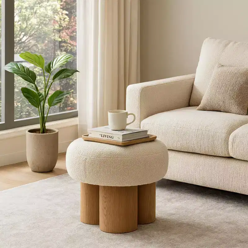 Homy Casa Round Accent Stool with Boucl Upholstery & Solid Wood Cylinder Legs, Beige