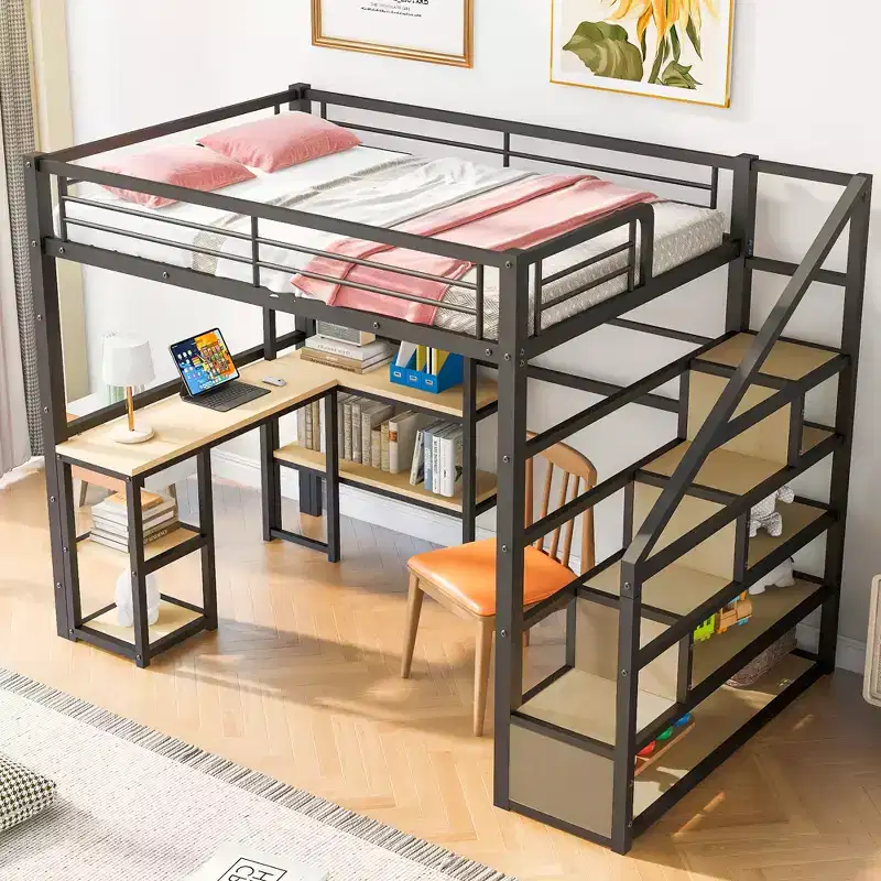 Bellemave Full Size Metal Loft Bed with Staircase, Built-In Desk & Shelves, Space-Saving Design, Sturdy Black Frame, No Box Spring Needed