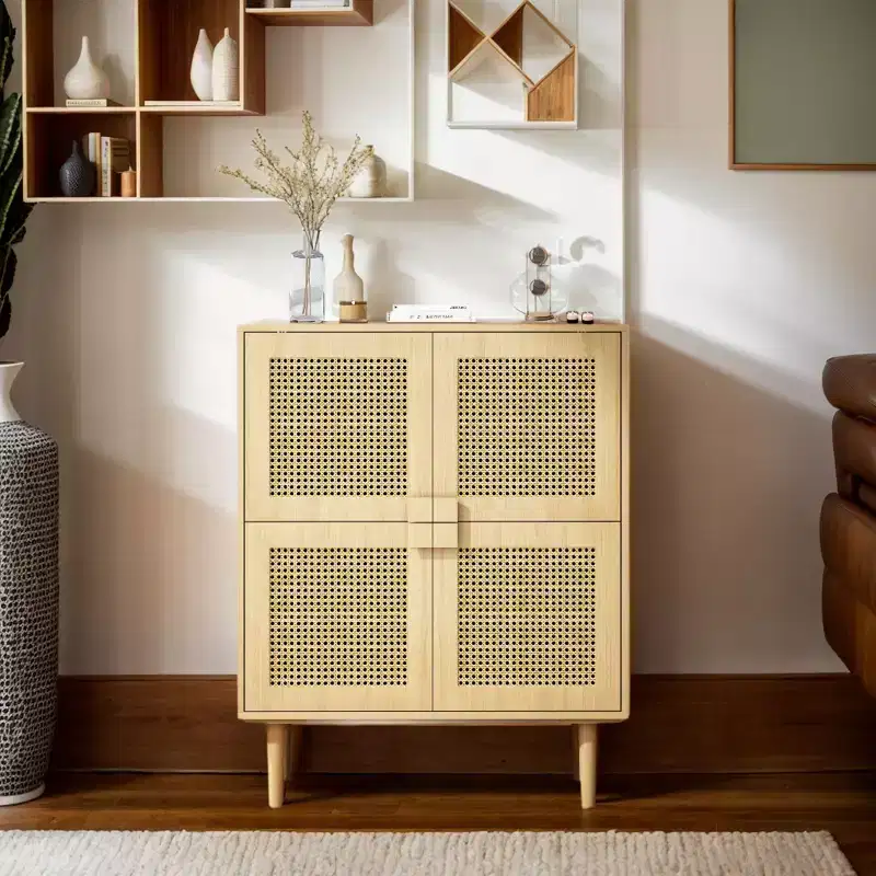 Rattan Mesh Sideboard Cabinet, Buffet Cabinet with 4 Doors and 8 Shelves, Storage Cabinet for Living Room, Dining Room, Kitchen