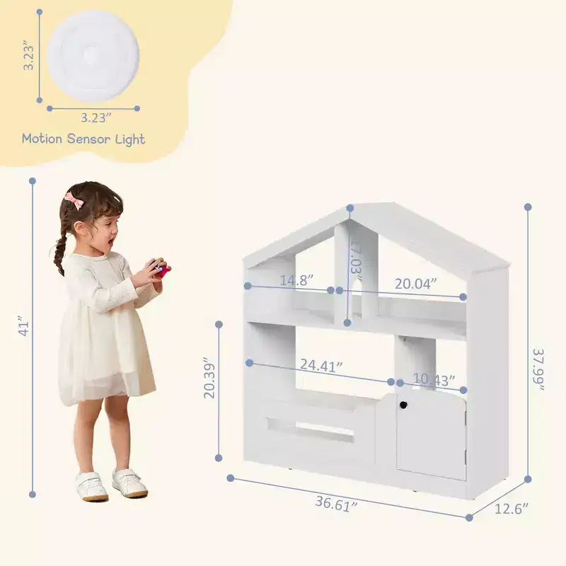Kids Bookshelf w/ Motion Sensor Light, 2-Tier Wooden Toddler Bookcase & Toy Storage Organizer Cubby Cabinet for Playroom, Nursery & Classroom