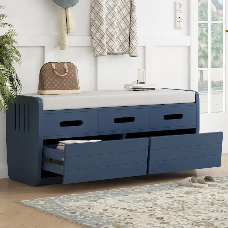 Nestfair Rustic Storage Bench with 2 Drawers, Hidden Storage Space, and 3 False Drawers at the Top