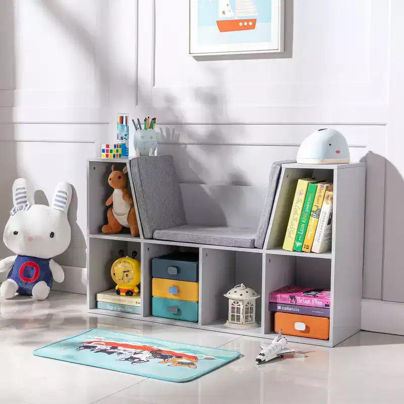 Whisen 6-Cubby Kids Bookcase with Reading Nook and Cushion, Multi-Purpose Storage Organizer, Gift for Kids