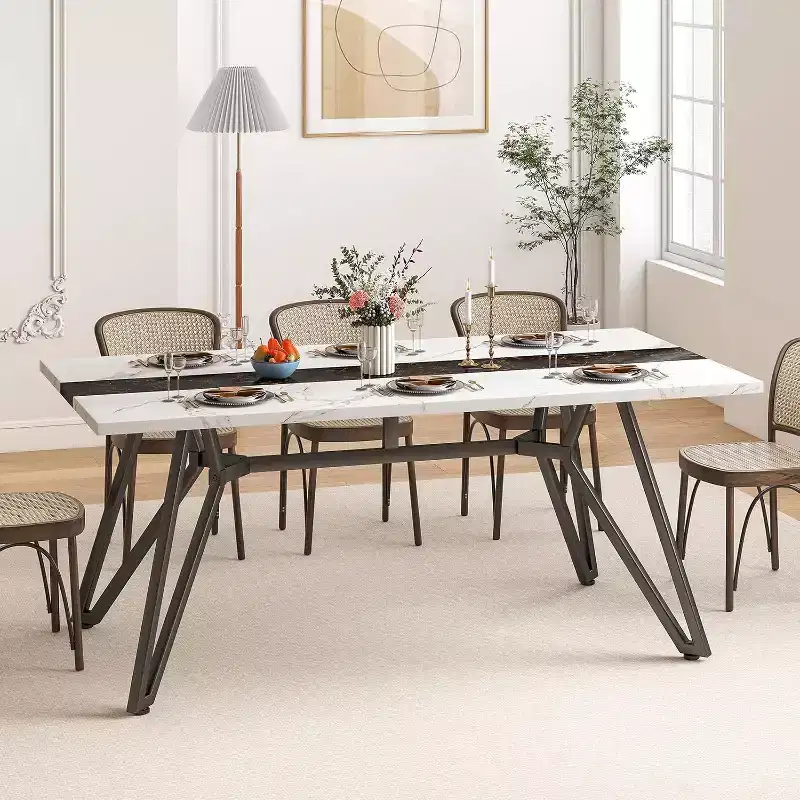 Zevemomo70.9Dining Table for 6-8 People,Farmhouse Dining Room Table,with Spacious Tabletop&Triangular-Shaped Steel Base for Kitchen,Dining Room-White