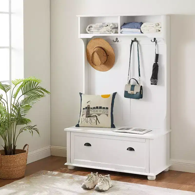 4-in-1 Hall TreeEntryway Coat Rack with Top Shelf, Storage Bench, 4 Hooks, Flip Door, Open Shelves, Side Bench for Hallway or Entryway