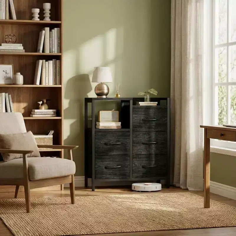 Mobile File Cabinet with Open Storage Shelf and Fabric Drawers