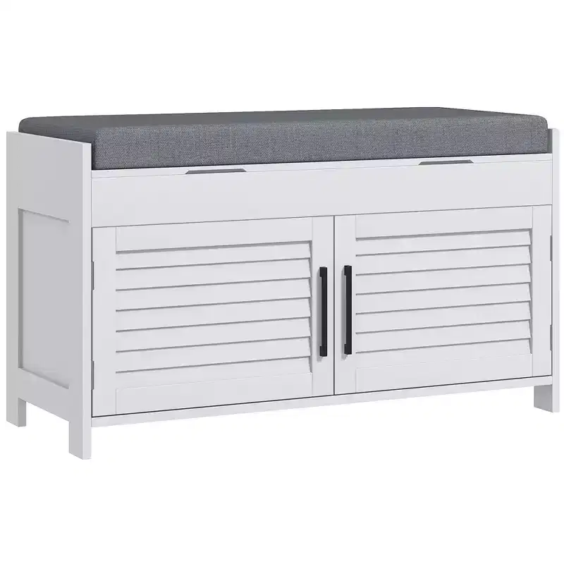 HOMCOM Shoe Bench, Modern Entryway Bench with Cushion and Hidden Compartments, 35.4 Shoe Organizer with Adjustable Shelves and Shutter Doors, White