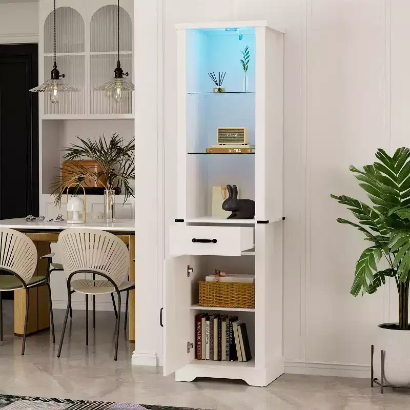 75 LED Storage Cabinet with Barn Door, Farmhouse Pantry with Glass Shelves, White
