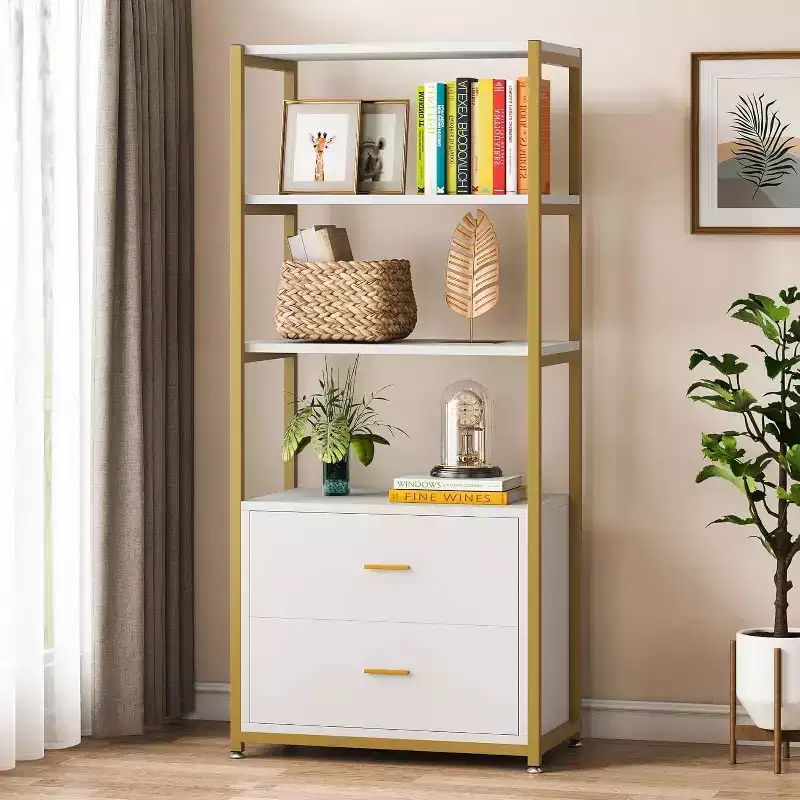 Lantine Bookcase, 4-Tier Bookshelf with 2 Drawers, Etagere Standard Book Shelves Display Shelf for Home Office (Gold/White)