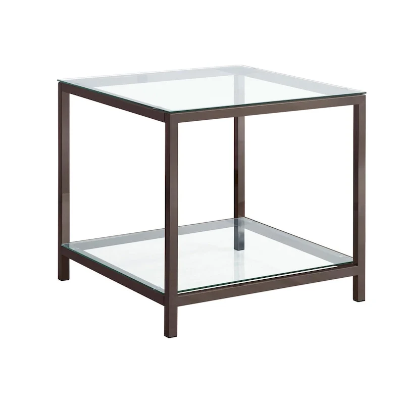 Glass Top End Table with Open Shelf – Nickel, Tubular Metal Frame, Modern Style, Single