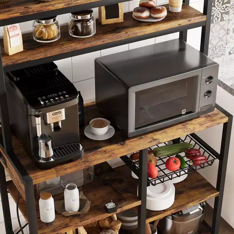 COZONY 5-Tier Bakers Rack w/ Wire Basket, Microwave Stand w/ Power Outlets & Open Kitchen Shelving