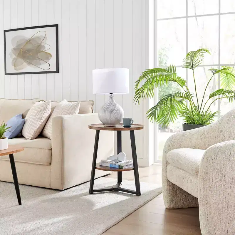 Mason Round 2-Tier Mid-Century Side Accent Table – Walnut/Black, Pedestal Legs, MDF