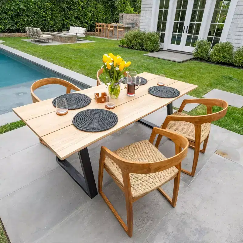 Nordic Teak 79 Natural 4-6 Person Indoor or Outdoor Dining Table - Beige w/ Black Legs