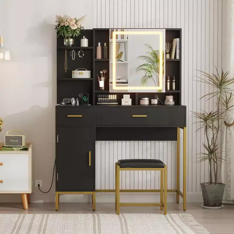 Bedroom Dressing Table with Lamp and Power Socket , Wooden Dressing Table with 2 Drawers, 9 Open Shelves, 2 Cabinets, Cushion and Stool