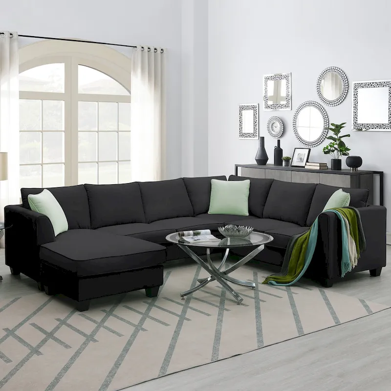 112*87  Sectional Sofa Couches Living Room Sets 7 Seats Modular Sectional Sofa with 3 Pillows, Black