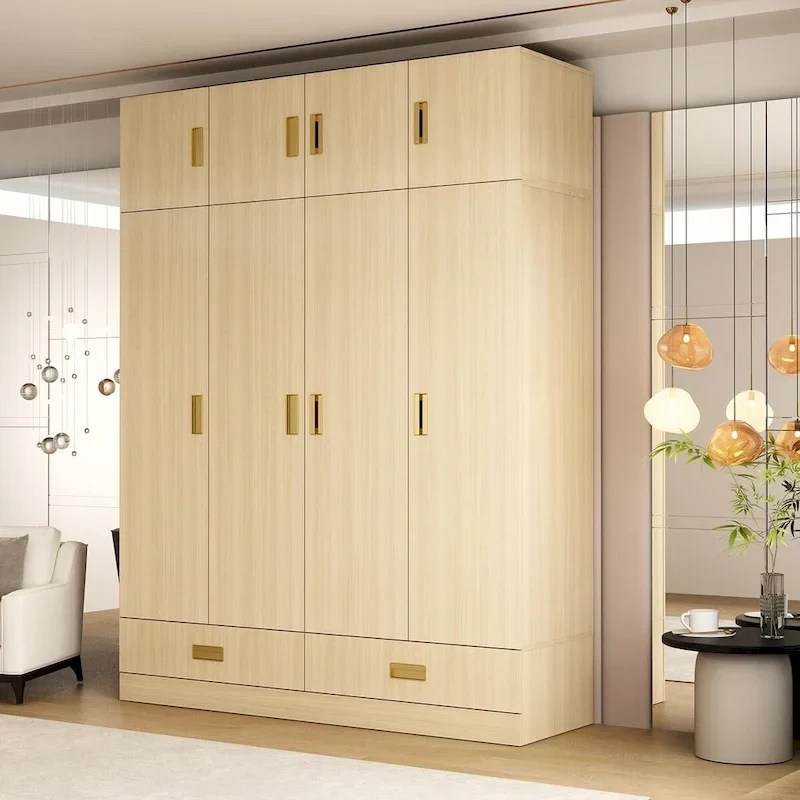 Wooden Wardrobe Closet with Gold Handles – Natural Wood, Adjustable Shelves & Hanging Rod, Single