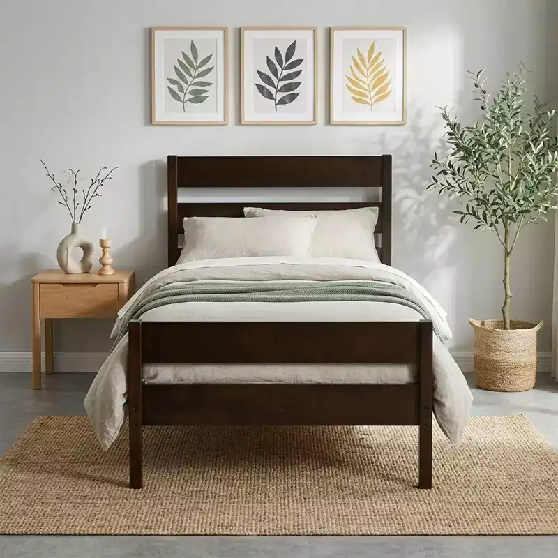 VECELO Twin Platform Bed Frame with Horizontal Slat Headboard, No Box Spring Needed Wood Bed for Kids Bedroom