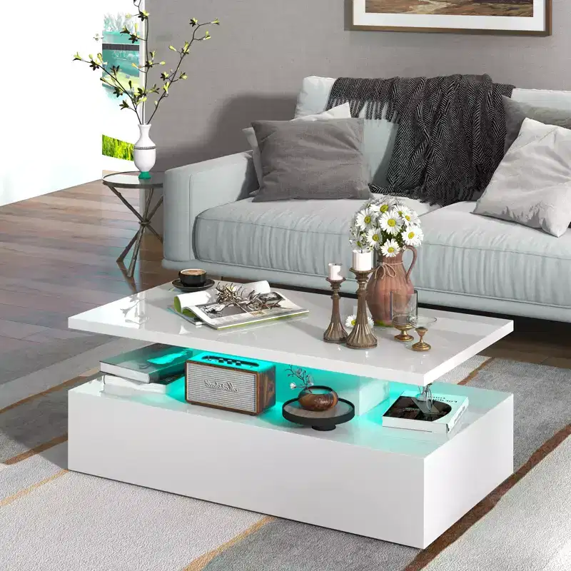 Costway LED Coffee Table Modern High Gloss Coffee Table w/ 20-Color LED Lights Adjustable Speed Brightness & Remote Control White/Black