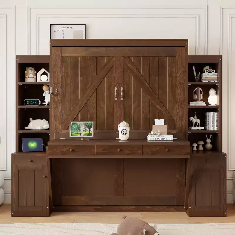 Queen Murphy Bed with Built-In Desk, Cabinets & Drawers – Solid Wood, 600 lb Capacity, 2 Finishes
