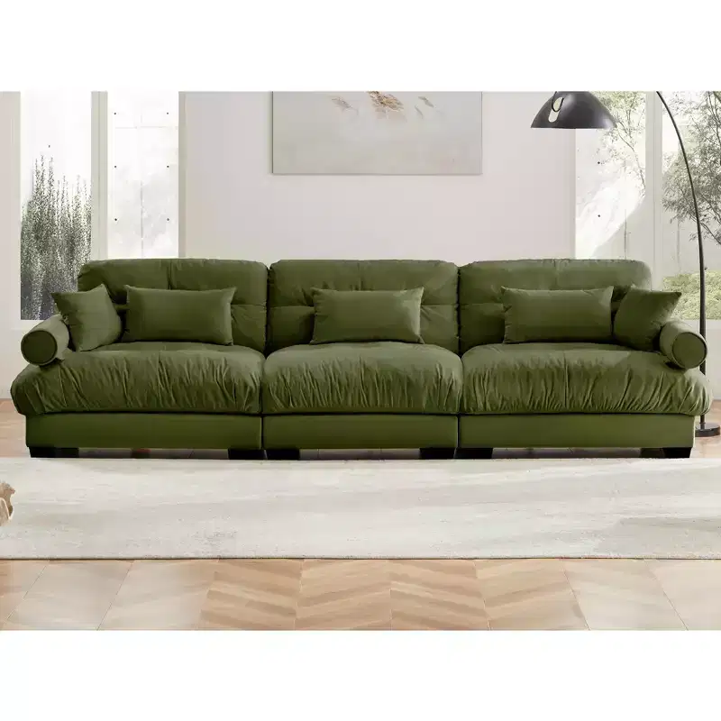 MAYEERTY Extra large 3 Seat Modern Velvet Sofa Cloud Like Comfortable Seat and Back Support with Waist Pillows and Throw Pillows Olive Green