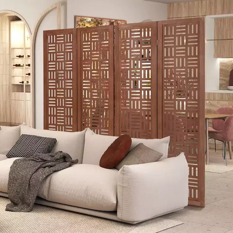 4-Panel Room Divider with Double Action Metal Hinges, Solid Wood Frame