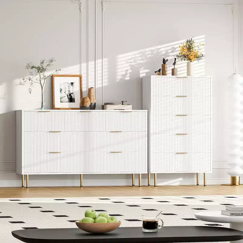 5 Drawer Dresser, Tall Modern Chest with Fluted Panels & Wide Gold Handles, Bedroom Storage Organizer for Closet, Living Room, Entryway