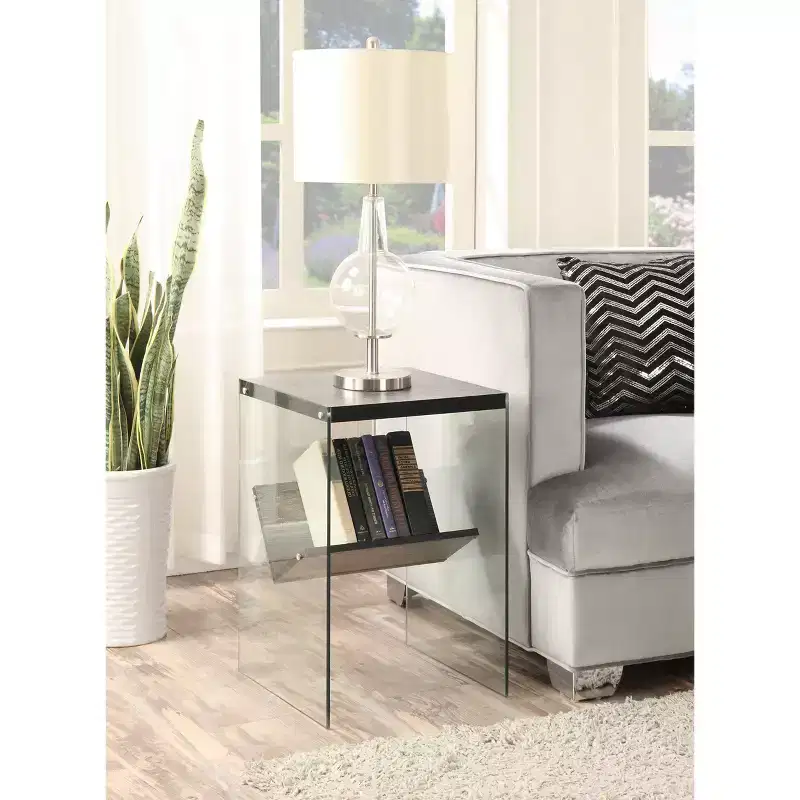 HomeStock Belmont Minimalist Glass End Table with Lower Shelf, Clear Side Panels, Particleboard Top and Modern Contemporary Design