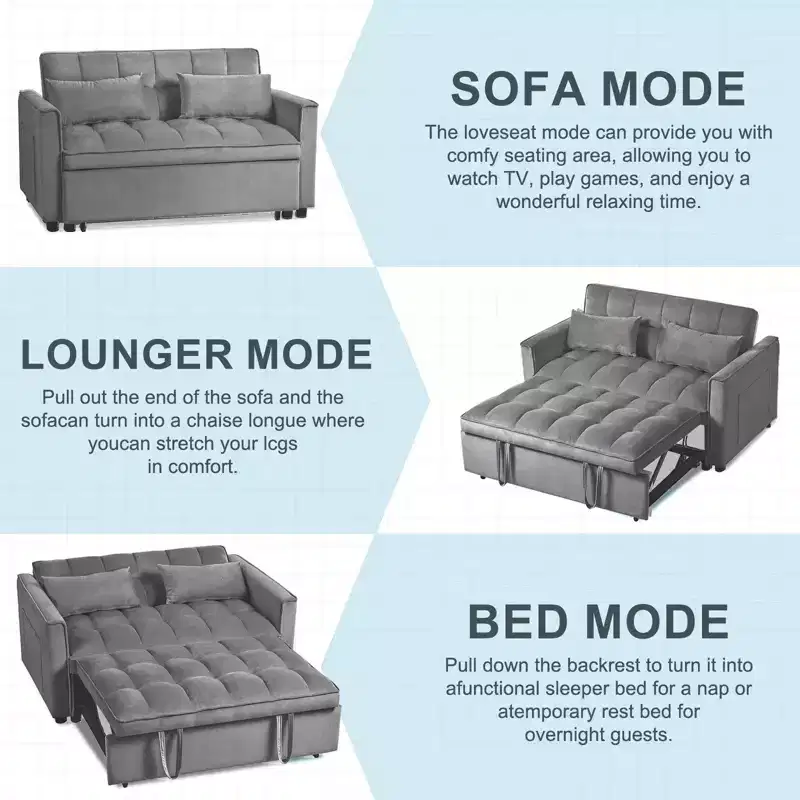 3-in-1 Convertible Sleeper Sofa Bed, Pull-Out Velvet Loveseat Futon with Pillows - Dark Gray
