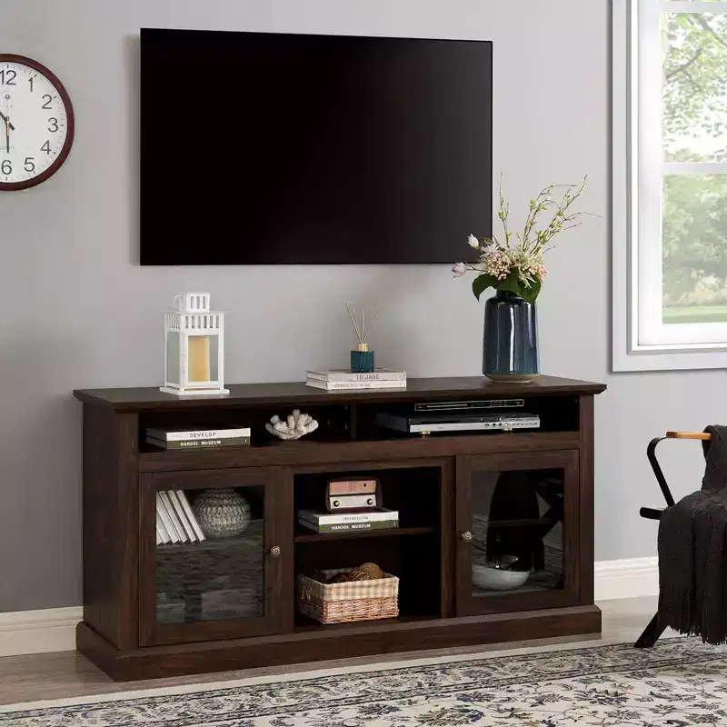 60 Inch TV Stand for TVs Up to 65 Inch, Entertainment Center with Cable Management, Classic Brown Console for Living Room