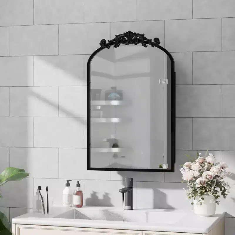 19.5 x 29.64 Inch Gold Arch Wrought Iron Framed Medicine Cabinet With Mirror Carved Mirror Cabinet For Bathroom
