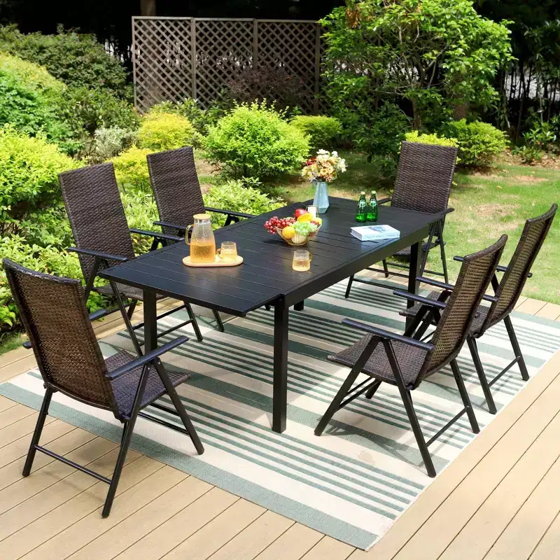7pc Outdoor Dining Set with 7 Position Adjustable Folding Wicker Chairs & Expandable Metal Table - Captiva Designs: No Cushion, Weather-Resistant