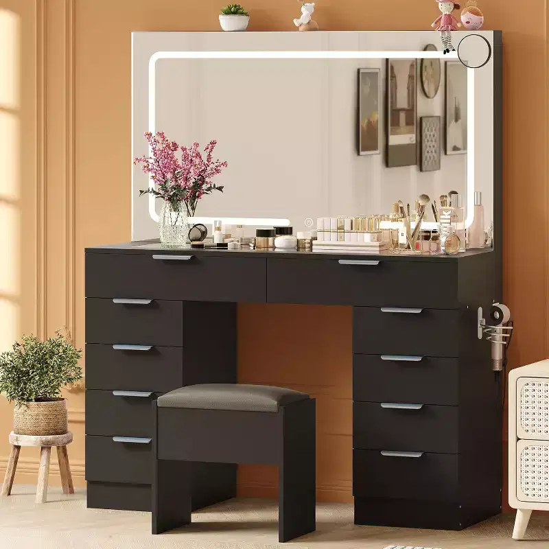Makeup Vanity Table Set, Modern Vanity Desk Dressing Table, Glass Top Dressing Table, with Stool, Hair Dryer Holder, 10 Drawers, for Living Room