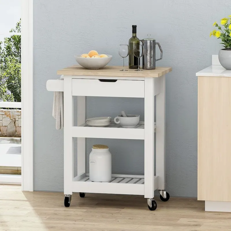 Compact Wooden Kitchen Cart with Wheels Shelves and Drawer by Christopher Knight Home
