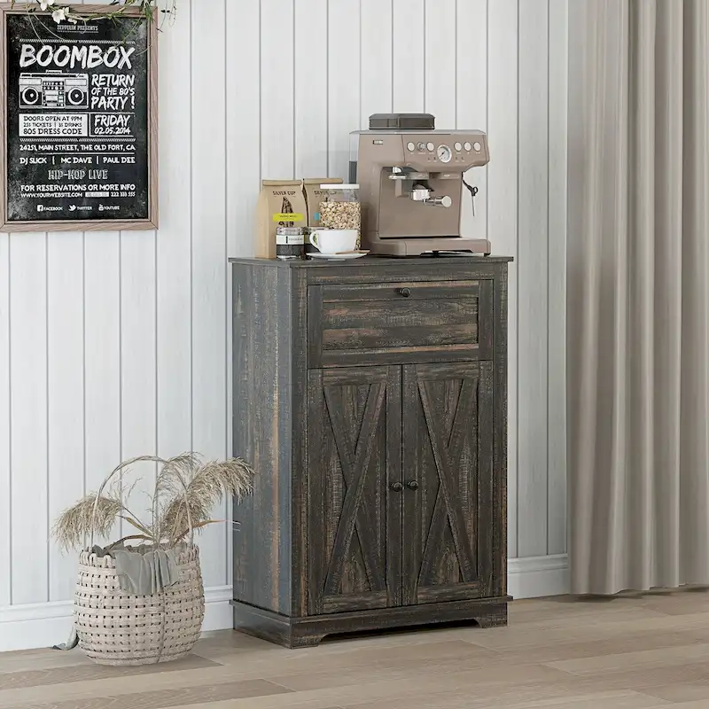 Farmhouse Barn Door Accent Cabinet with Drawer & Adjustable Shelf