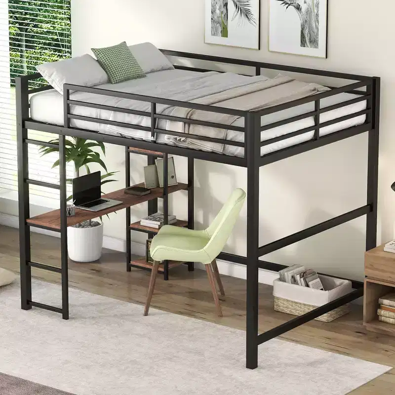Full Metal Loft Bed with Desk and Storage Shelves, High Full Loft Bed with Guardrails for Kids Teens, Black