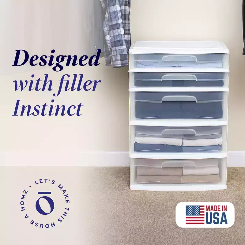 Homz Extra-Wide Plastic Storage and Organizer Tower with 5 Clear Drawers for Home, Office, Classroom, Craft, Art Supplies, Clothes, White Frame