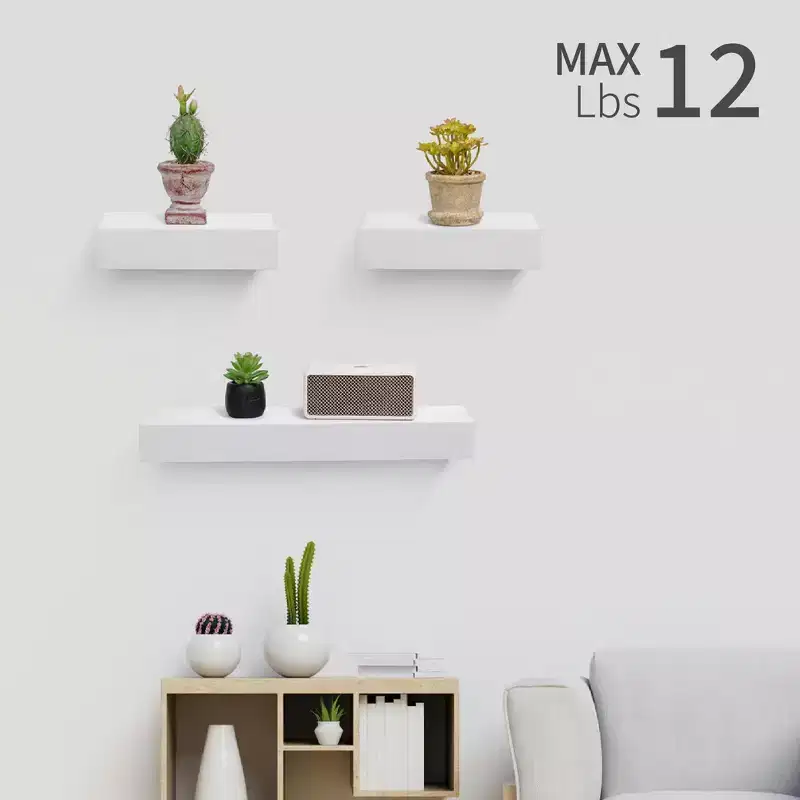 17.72 White Floating Shelf C invisible-bracket wood wall mount, perfect bathroom/bedroom/kitchen dcor or book/plant display, easy install.