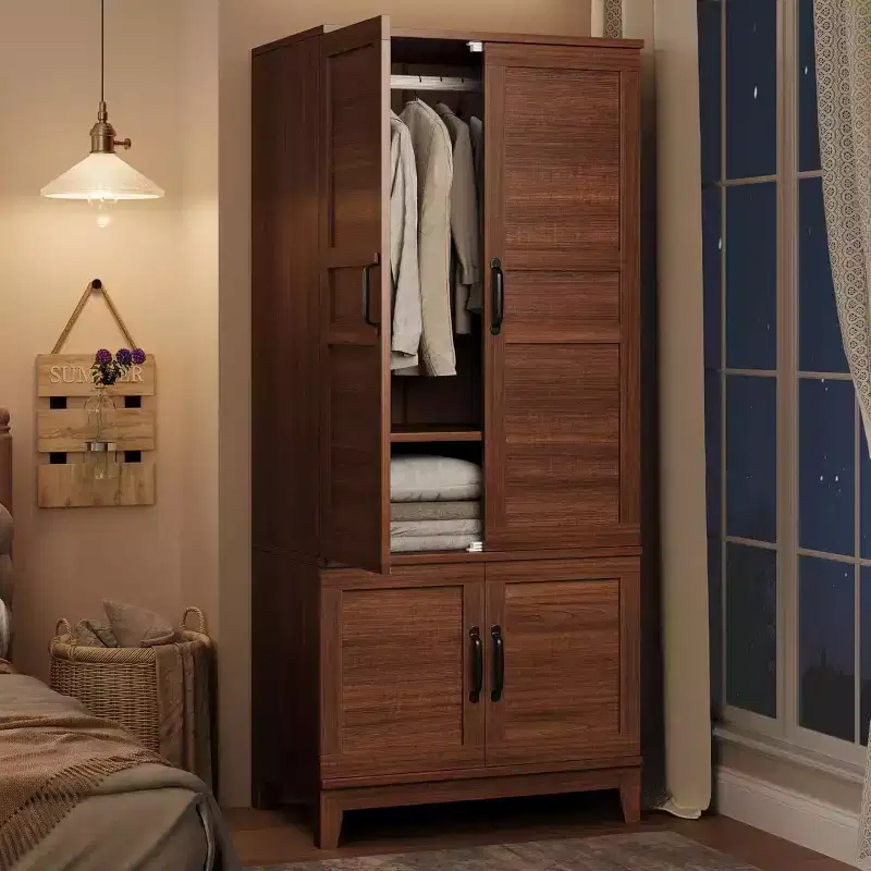 72 in Tall Wooden Armoire Wardrobe Closet with 4 Doors, Hanging Rod and Adjustable Shelves, Freestanding Clothing Storage Cabinet for Bedroom