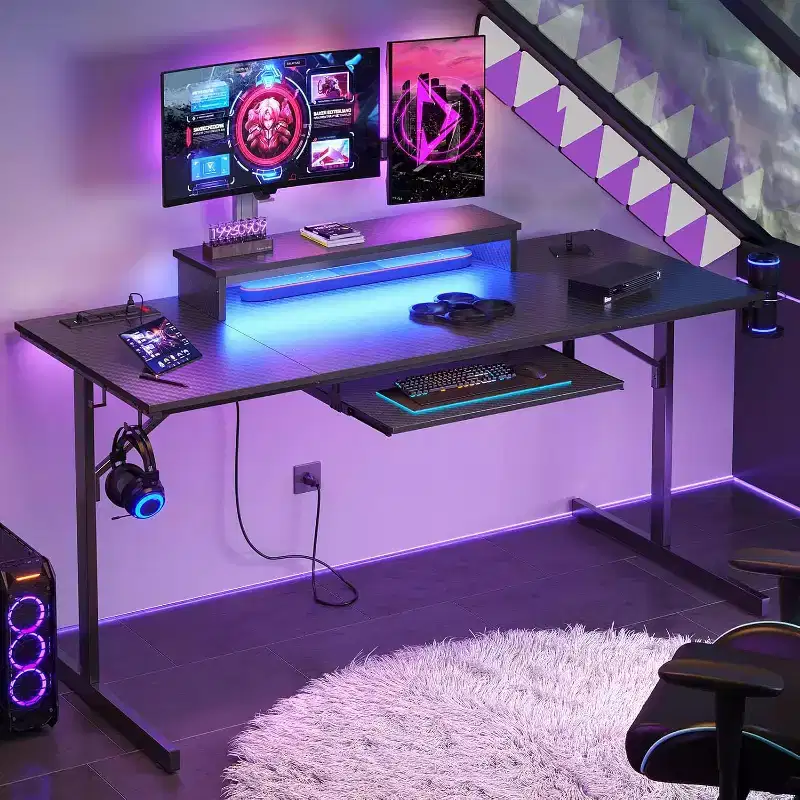 63 Gaming Desk with LED Lights & Power Outlets, Computer Desk with Monitor Stand & Keyboard Tray for Home Office